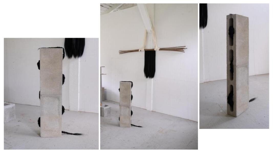 Material Studies: Cement blocks, hair, fabric, and bamboo