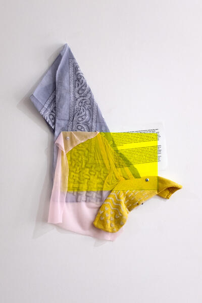 Flagging Color Study #3.  Bandana, plexiglass, mesh, used hospital sock, transparency sheet, silicone, hardware 23”x18”x 0.5”