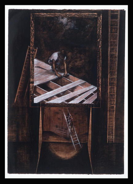 His Building, 1997, 47 x 34 x 1.5 (framed) charcoal, base acrylic sepia acrylic, white conte on paper