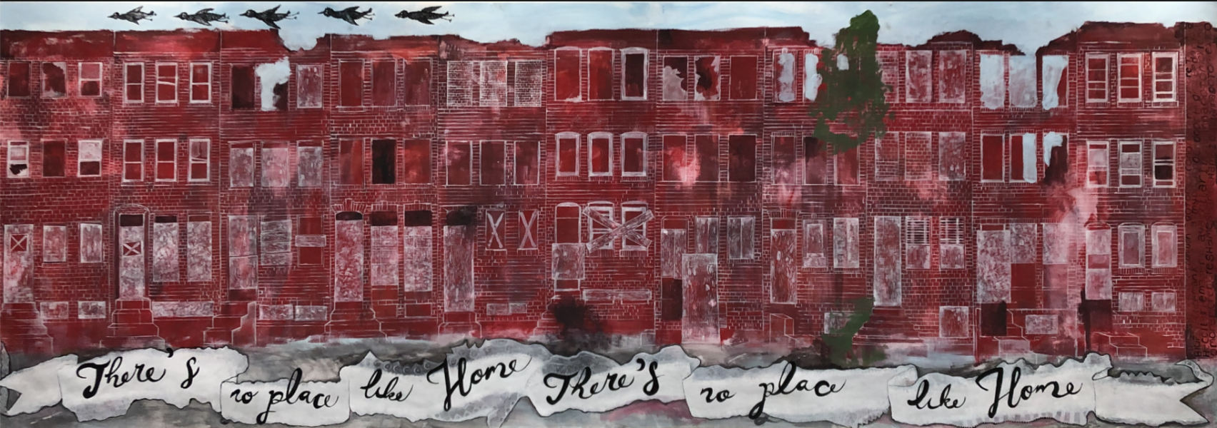 There is No Place like Home, tempera paint, colored pencil, chalk on paper, 43.0 x 120.0 inches
