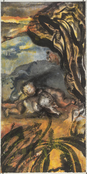 Honied Oblivious Ones: Artemis Rising 2021 60x 31 x 1.5(framed) watercolor, Chinese ink on Hsuan paper