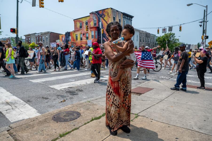 ICE Protest, Baltimore, Highlandtown (woman and child) June 2025