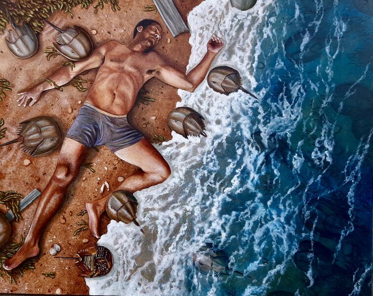 Helpful or Harmful Horse Shoe Crabs? 2022, oil on canvas, 5x4 ft