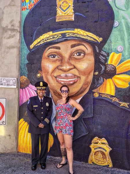 The Artist with Chief Yogananda Pittman in front of her portrait