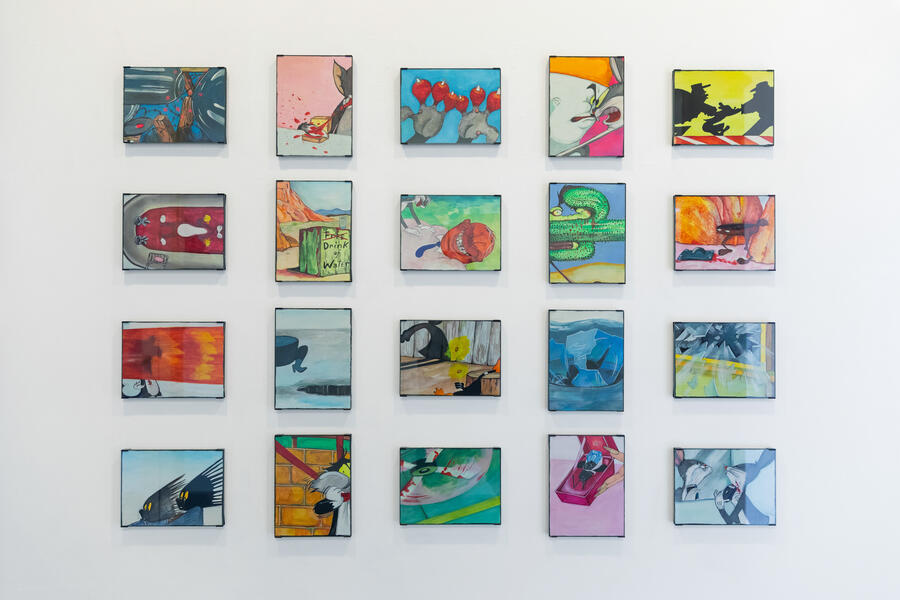 Installation image of small gouache study paintings for The First Strike