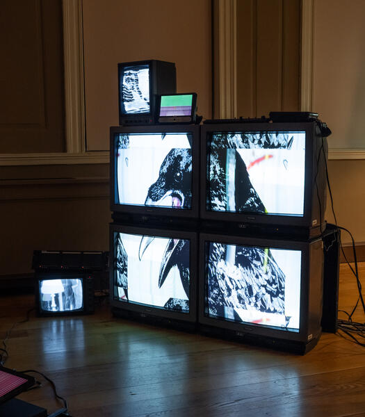 Detail shot of the main 1x4 video wall in the installation