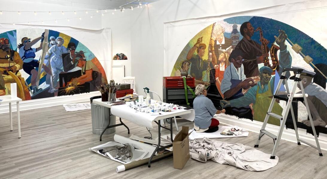 Working Hands mural diptych work-in-progress shot