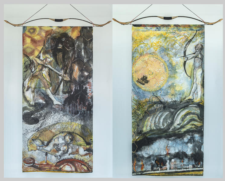 Artemis, Protector of Life, Slayer of Methane Monsters, 2022, each is 84 x 40, Chinese ink, watercolor on Japanese paper, suspended by fishing line, wood archery bow