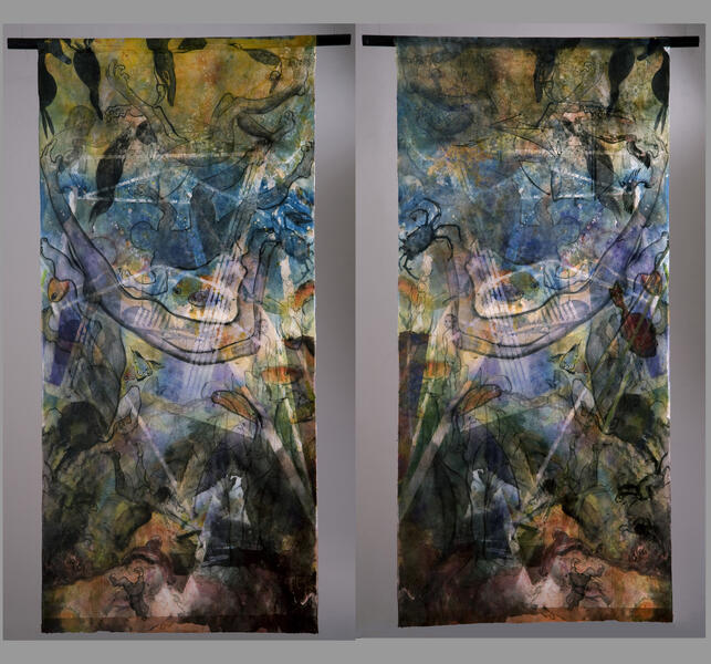 It Is Rumored: Bloody Point, 2011, two sided off the wall scroll, each image 84 x 40, Japanese paper, suspended by American Eagle door knocker, fishing line, wood dowel