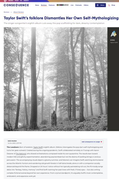 Album Review: Taylor Swift's folklore Dismantles Her Own Self-Mythologizing, Consequence, 2020