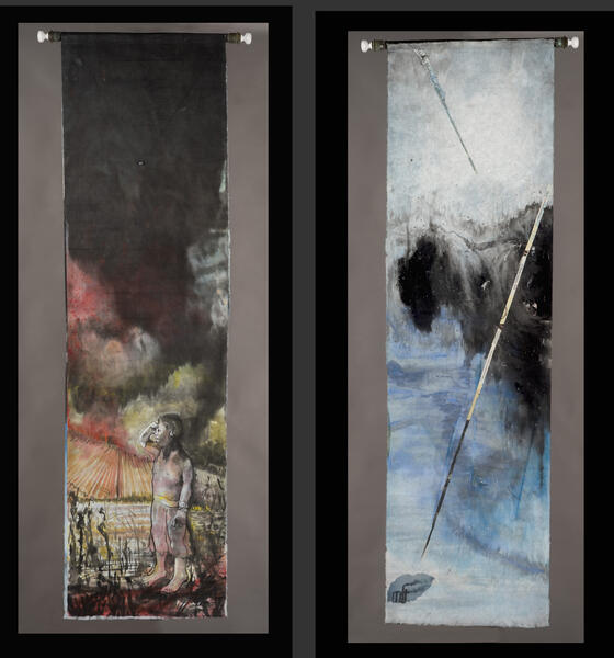 Seer Now is the Time We Have Denied, 2014, 71 x 20 variable hanging length, Chinese ink, watercolor, Japanese paper, suspended by fishing line and antique pipes