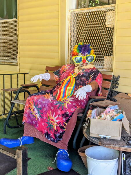 Silly Sheila (the clown) on her porch