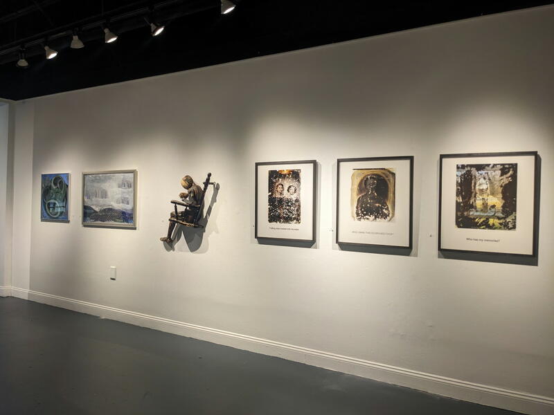 2 paintings on brushed aluminum by Peggy Fox; Widow assemblage by Mary Opasik; 3 photographic works by Mary Kunieac Skeen