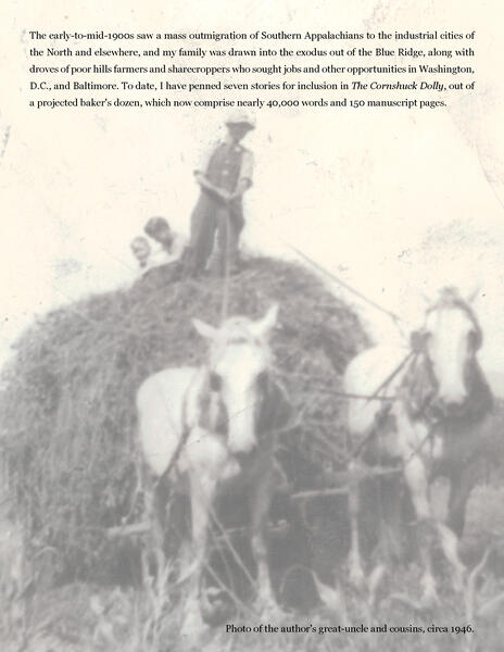 The author's great-uncle and cousins with horse-drawn hay wagon, circa 1946
