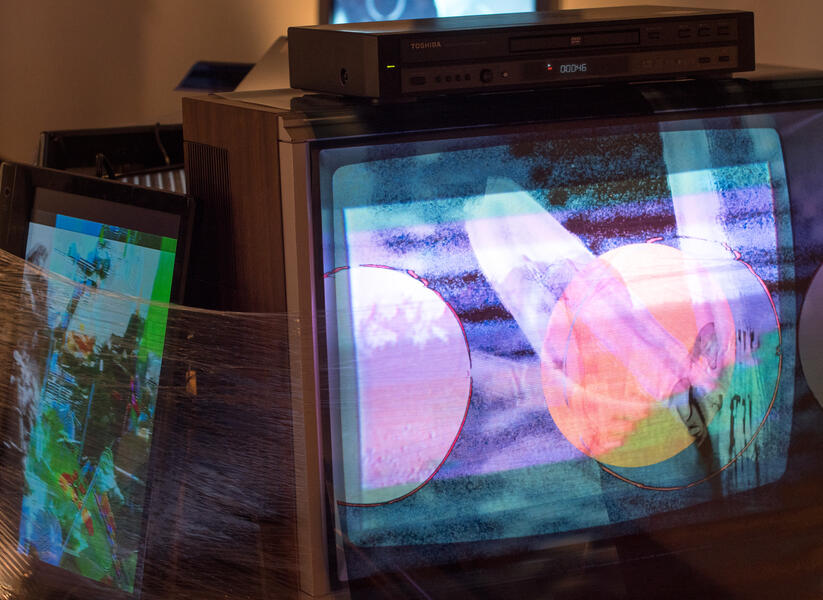 Detail shot of the oldest television (CRT) in the installation