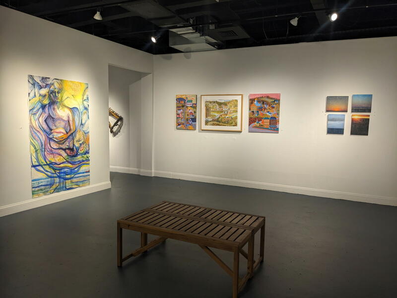 Endless watercolor by Diana Marta; 3 paintings of historic Ellicott City before the last flood by Mary Jo Tydlacka; Photography/encaustic by Cathy Leaycraft