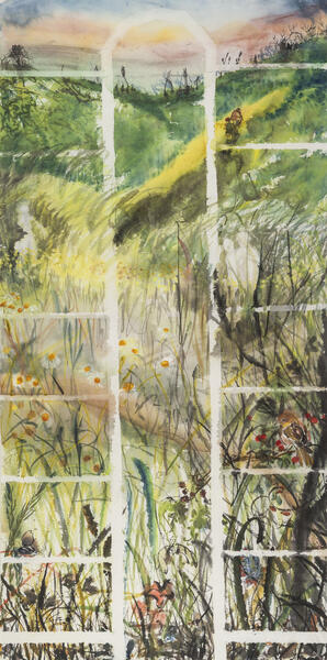 Who Can Number the Grasses Lost: Death of a Field 2021, 55 x 27.5, Watercolor, ink on Hsuan paper