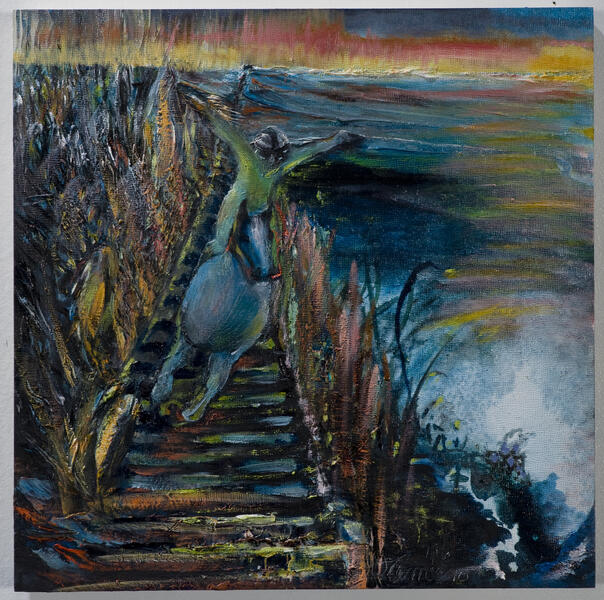 Jesus Jockey Riding Through the Primordial Poison, 2016, 12 x 12 x 1 oil on panel