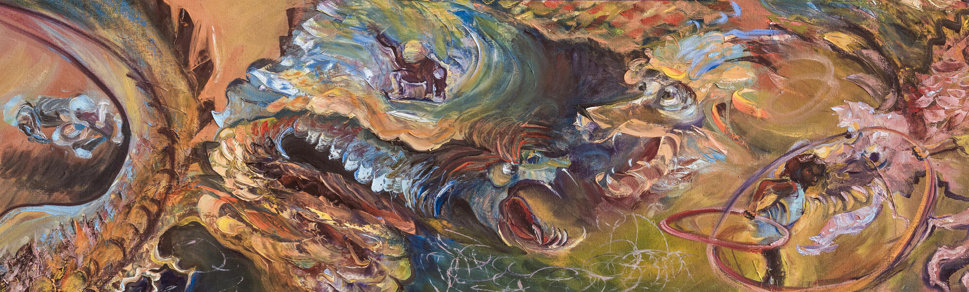 detail: Skating and Dancing With Dragons, oil on canvas, 15.38 x 113.38 2024