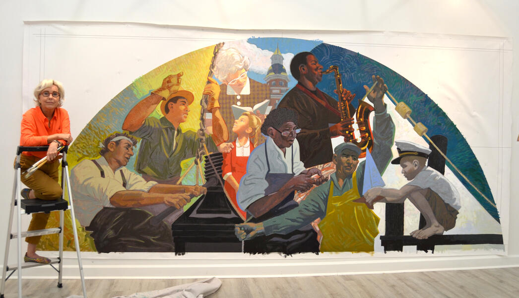 Working Hands by Sally Wern Comport, mural of diptych prior to installation