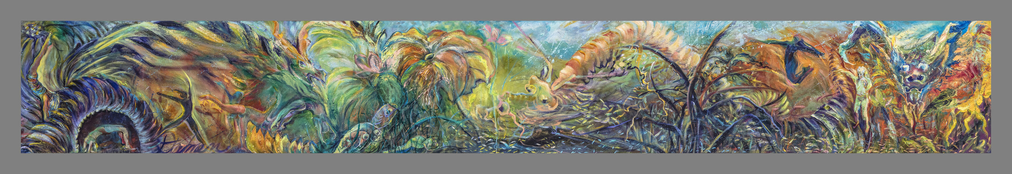 Leaping With Dragons and Minnows, 15.5 x 113.5 x 1, oil on canvas, 2024