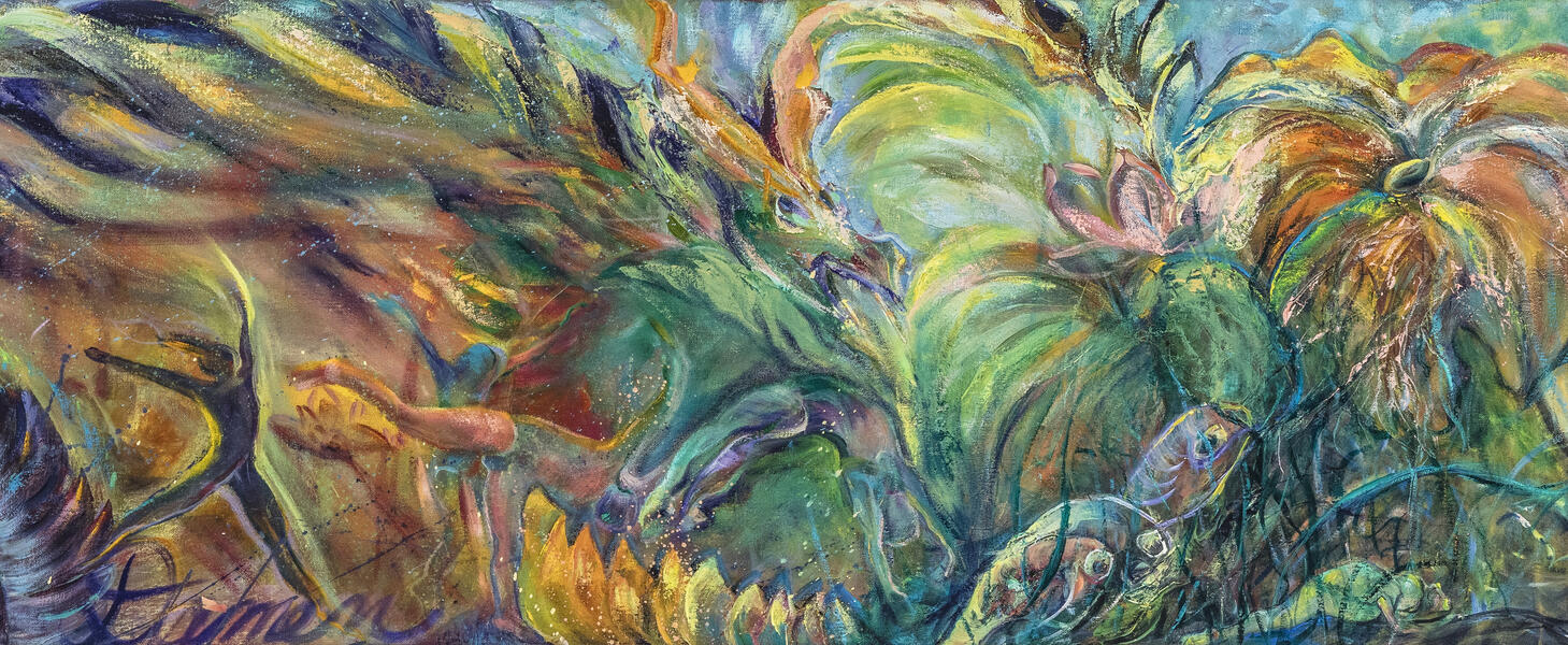 detail: Leaping With Dragons and Minnows, oil on canvas, 15.5 x 113.5 2024