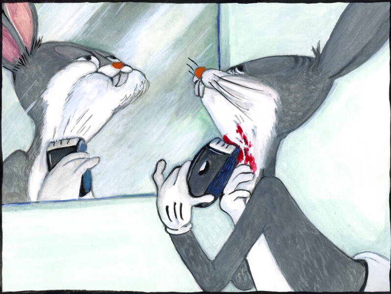 Shaving Cuts Are The New Trend In 2025, gouache on paper, 6.0 × 8.0 inches (study for The First Strike)