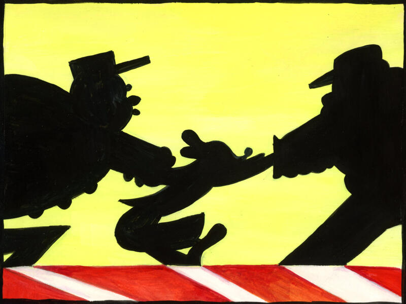New And Improved Crossing Signs Coming Near You,  gouache on paper, 6.0 × 8.0 inches (study for The First Strike)