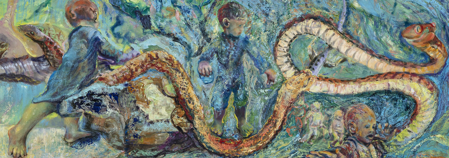 Detail Mindfulness:Snakes 15.5 x 115.5 x 1, oil on canvas, 2025