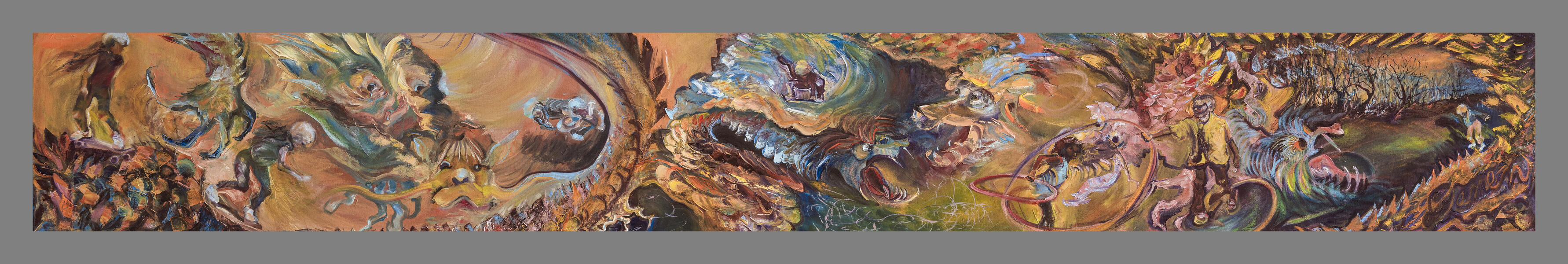 Skating and Dancing With Dragons, oil on canvas, 15.38 x 115.38 x 1, 2024