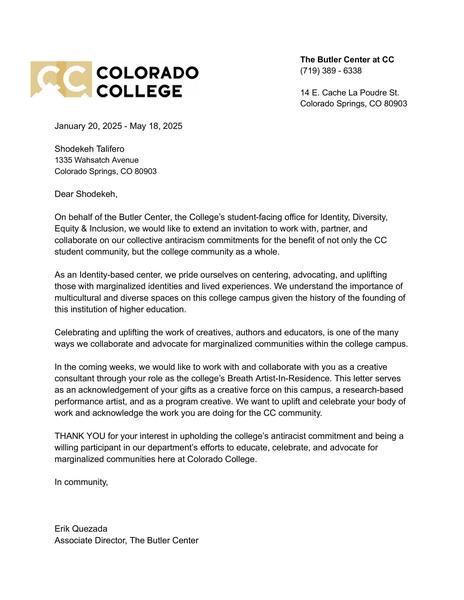 Anti-Racist Creative Consultations Exhibit A: A Letter of Invitation to consult & collaborate from the Butler Center @ Colorado College, 2025.
