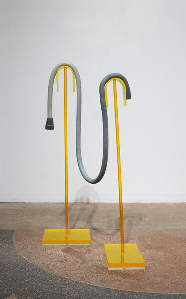 Alx Velozo Gray rbbr Cane, 2022. Silicone rubber, wire, lucite  40” x 15” x 20”