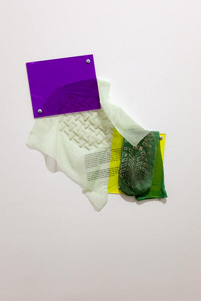 Flagging color study #2, 2025.  Mesh, plexiglass, used hospital sock, transparency sheet, silicone, hardware 18”x15”