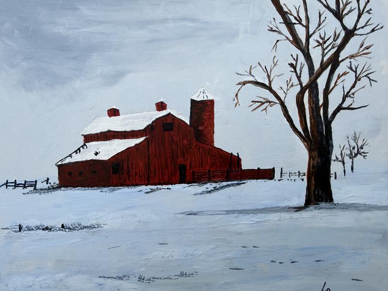 Red barn in snow