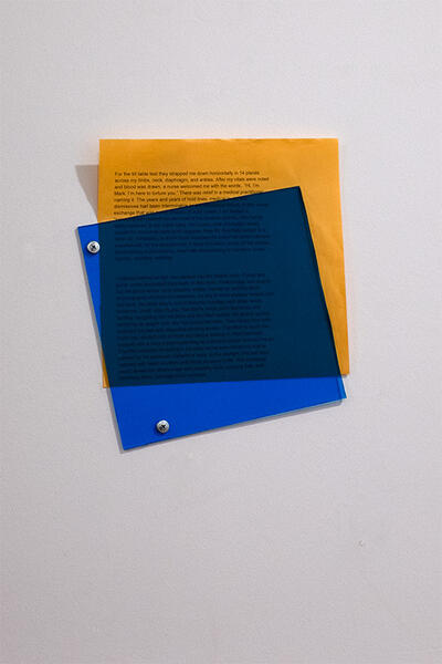 Flagging Color Study #5, 2025. Colored printerpaper, plexiglass, hardware.  8”x9”