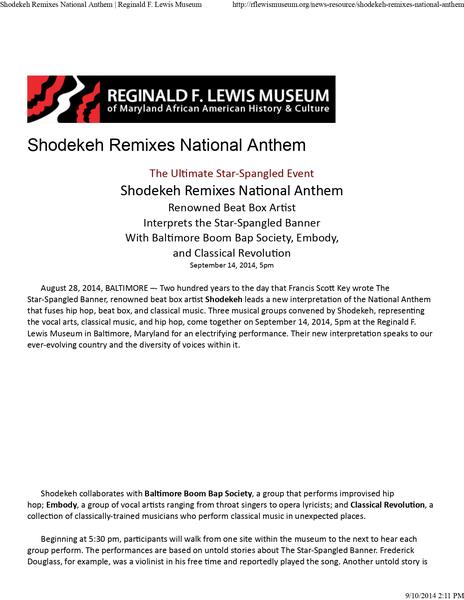 Historical / Societal Touchscreen Exhibit B: The National Anthem Remixed featuring Baltimore Boom Bap Society, Embody & Classical Revolution, convened by Shodekeh for For Whom It Stands at the Reginald F. Lewis Museum, 2014.