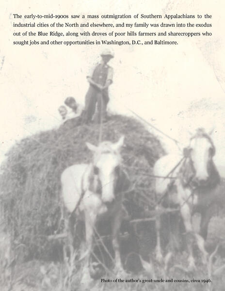 The author's great-uncle and cousins with horse-drawn hay wagon, circa 1946