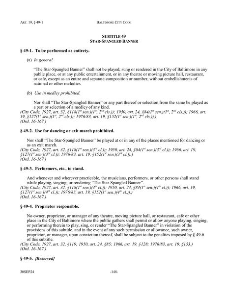 Historical / Municipal Touchscreen Exhibit C: The Baltimore City Code Ordinances Article 19, Subtitle 49 1 - 6 regarding The Star Spangled Banner selected by Shodekeh during his Opening Day presentation as music curator for For Whom It Stands, 2014.