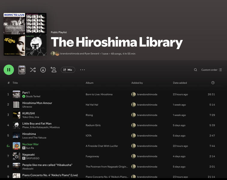 Anti-Racist Creative Consultations IV (Community Exhibitions): The Hiroshima Library by Brandon Shimoda at the Seay Music Library, a two-way inspiration to Shodekeh's Black History Lab / The Kerner Library @ The Butler Center, 2025 - 2026.