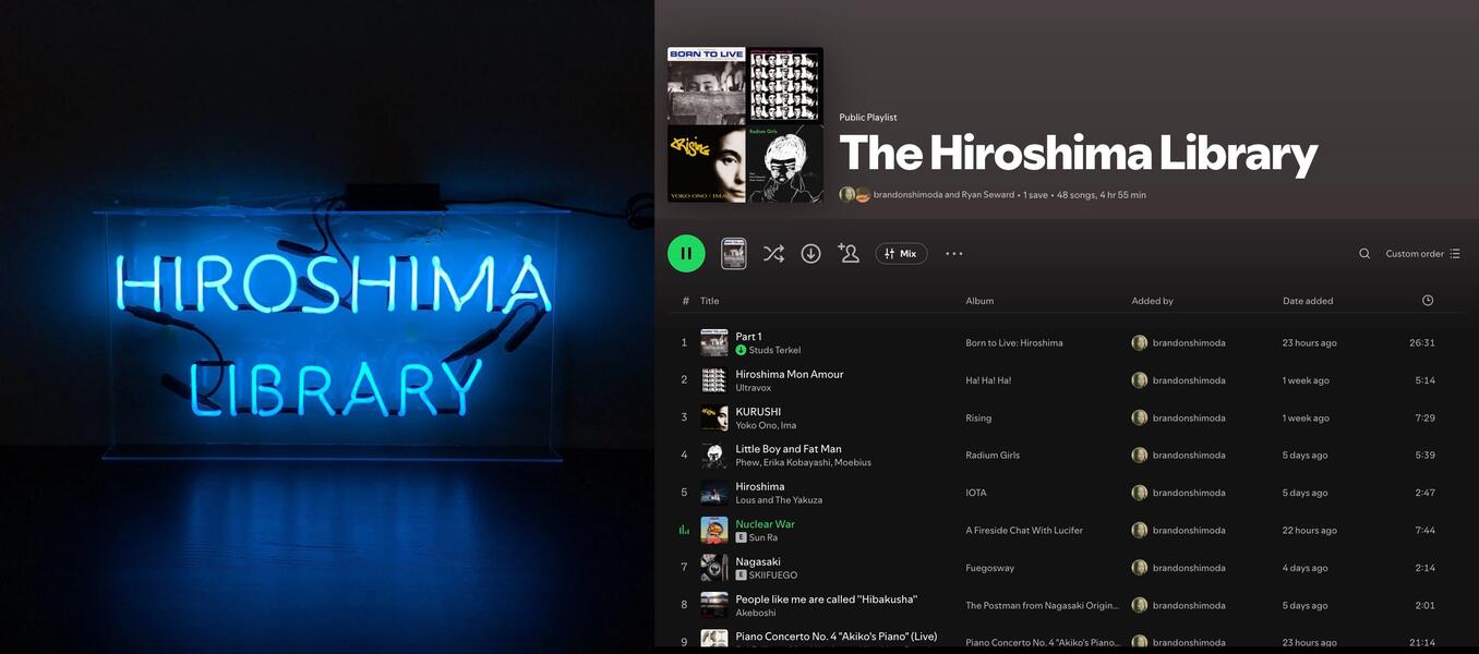 Anti-Racist Creative Consultations IV (Community Exhibitions): The Hiroshima Library by Brandon Shimoda at the Seay Music Library, a two-way curatorial inspiration to Shodekeh's Black History Lab / The Kerner Library @ The Butler Center, 2025 - 2026.