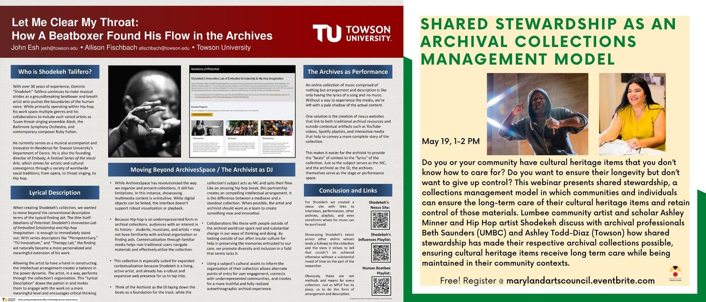 Living Archive Capsule II (Provenance Methods): Let Me Clear My Throat: How A Beatboxer Found His Flow In The Archives by John Esh & Allison Fischbach for the Mid-Atlantic Regional Archives Conference & Shared Stewardship with the MSAC, 2021.