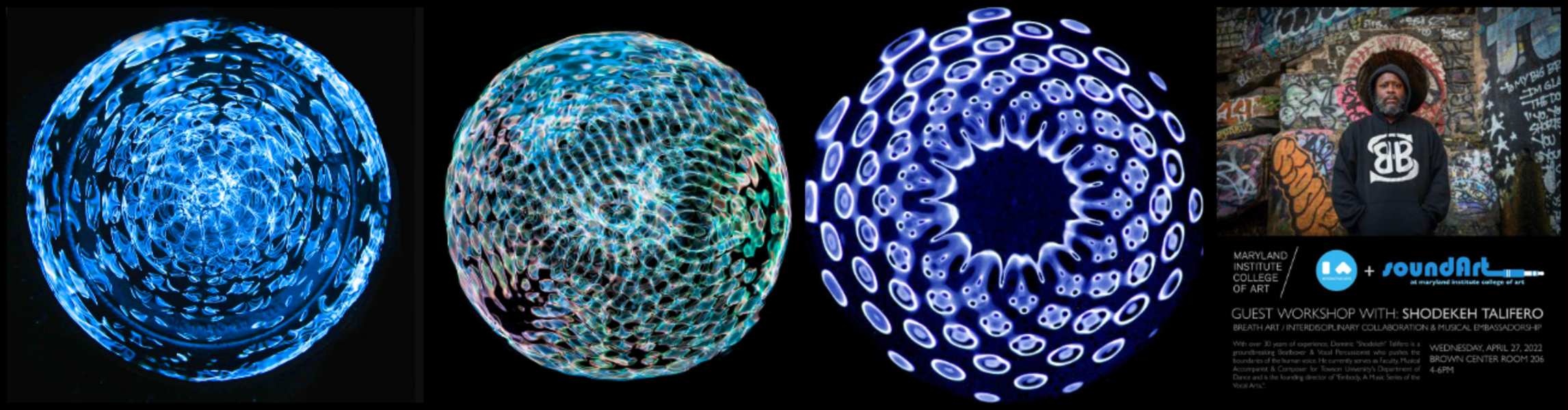 Biocymatic Frequency III (Marine Bioacoustics): Vymatics composed & recorded by Shodekeh at the Maryland Institute College of Art Sound Art program, visualized by Erica Hansen for Voyages I at the National Aquarium & the TU Planetarium, 2022 & 2023.