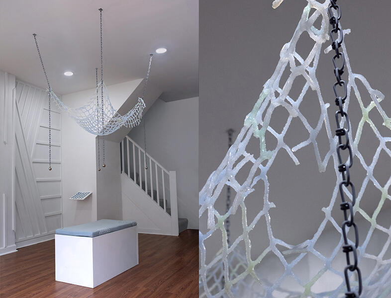 Sick Play: Body of a Trap, 2025. Chain, hardware, metal weights, silicone, 64”x42”x30”
