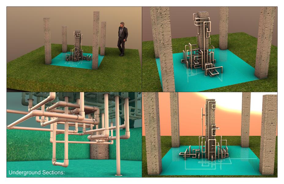 Design for an outdoor sculpture--pipe fittings, cast cement pillars, translucent material for base.