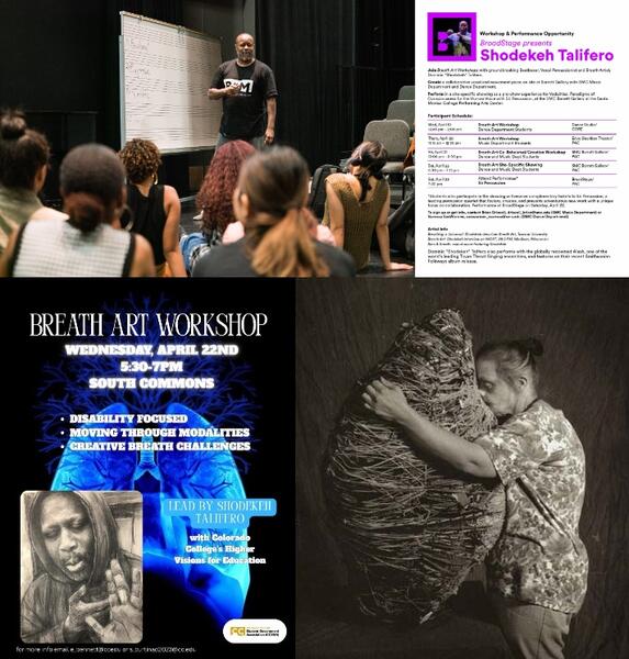 Breath Art Bronchi III (Kinesthetic Breath + Dance): Creative Breathing Methodologies @ Santa Monica College in 2023 & a Breath Art Master Class (inspired by Judith Scott) for the Rocky Mountain Down Syndrome Association @ Colorado College in 2026.