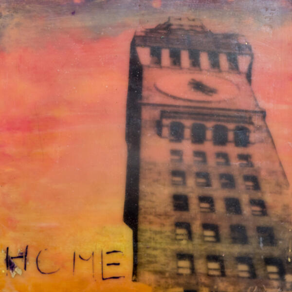 encaustic,sunset,bromoseltzer tower, skyline, Baltimore, home