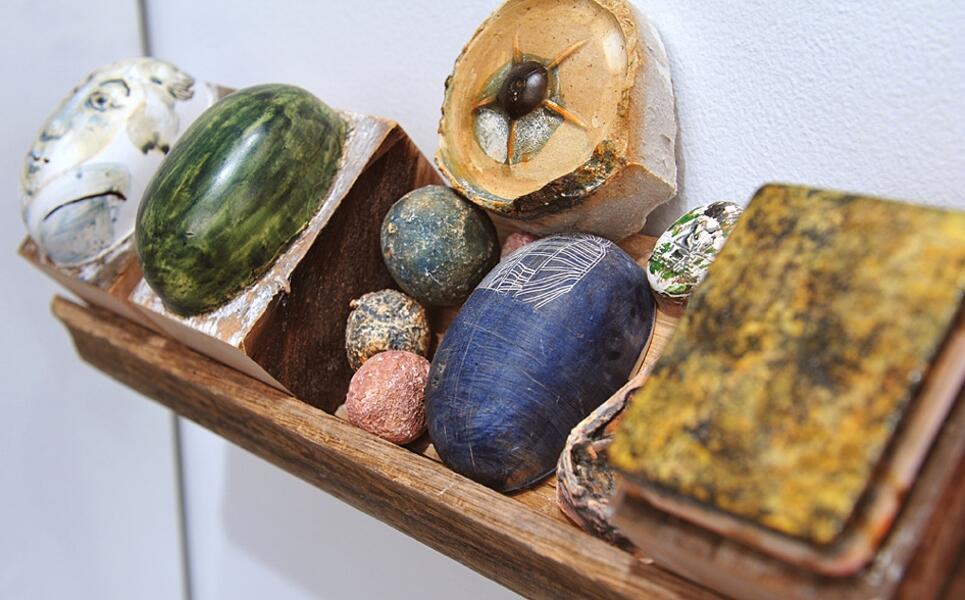 installation view, Egg Shelf items