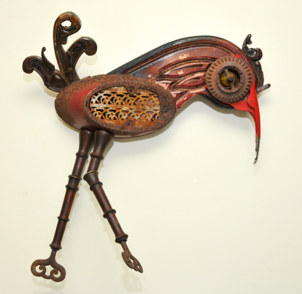 found objects, wall assemblage, birds, repurposed, mixed media