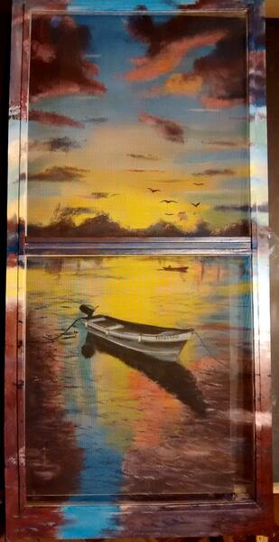 Window screen painting of an anchored boat against a glowing sunset