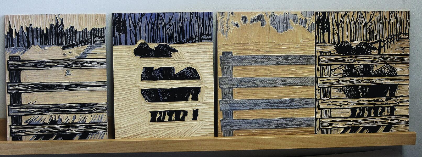 Carved woodblocks for printing Alpacas